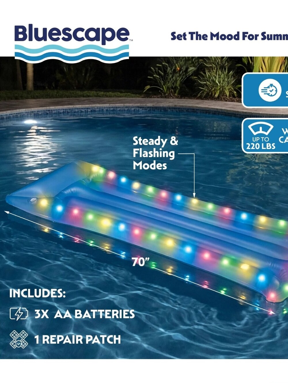 Bluescape LED Pool Raft – Inflatable Color-Changing LED Light-Up Pool Float - Picture 3 of 4
